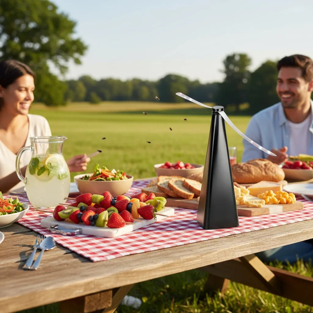 Espanta moscas Ventilador Hélice Reflectante 38cm Portátil A PILA REPELENTE INSECTOS Para mesa o asados comidas.