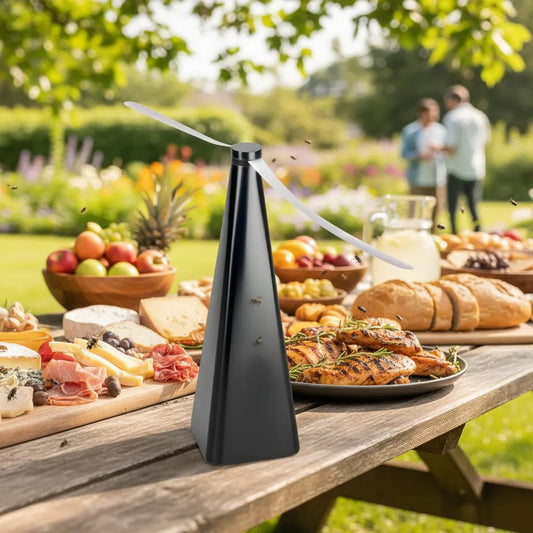 Espanta moscas Ventilador Hélice Reflectante 38cm Portátil A PILA REPELENTE INSECTOS Para mesa o asados comidas.