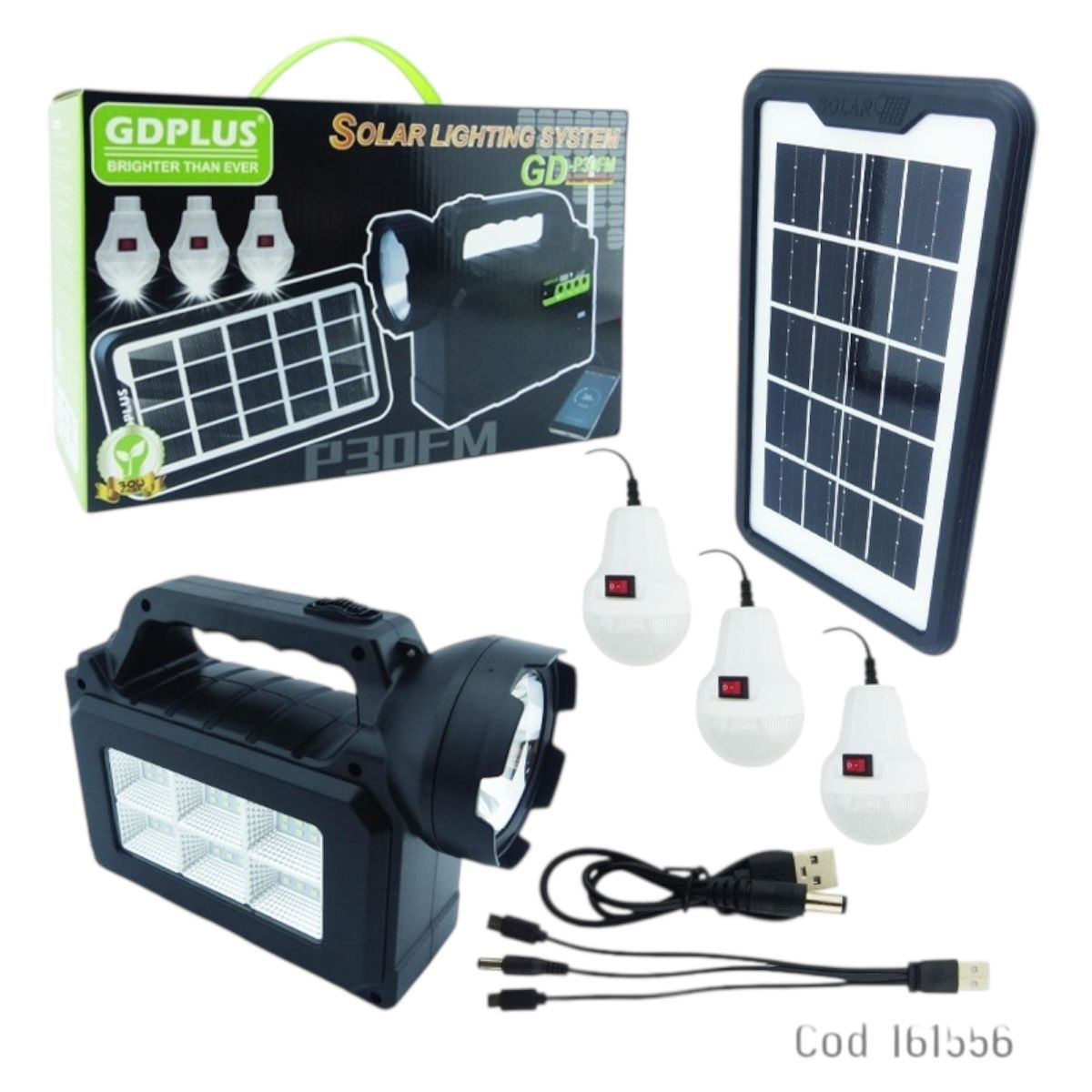 Kit Iluminación Solar GDPlus P30FM con 3 Focos LED y Panel Recargable USB