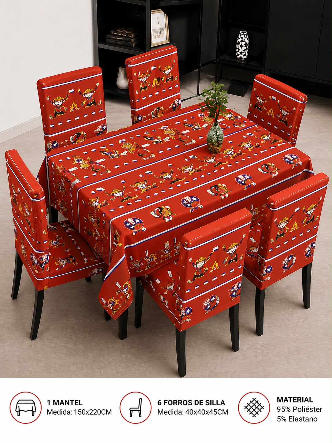 Set de mantel+6 funda de silla diseños fiestas patrias