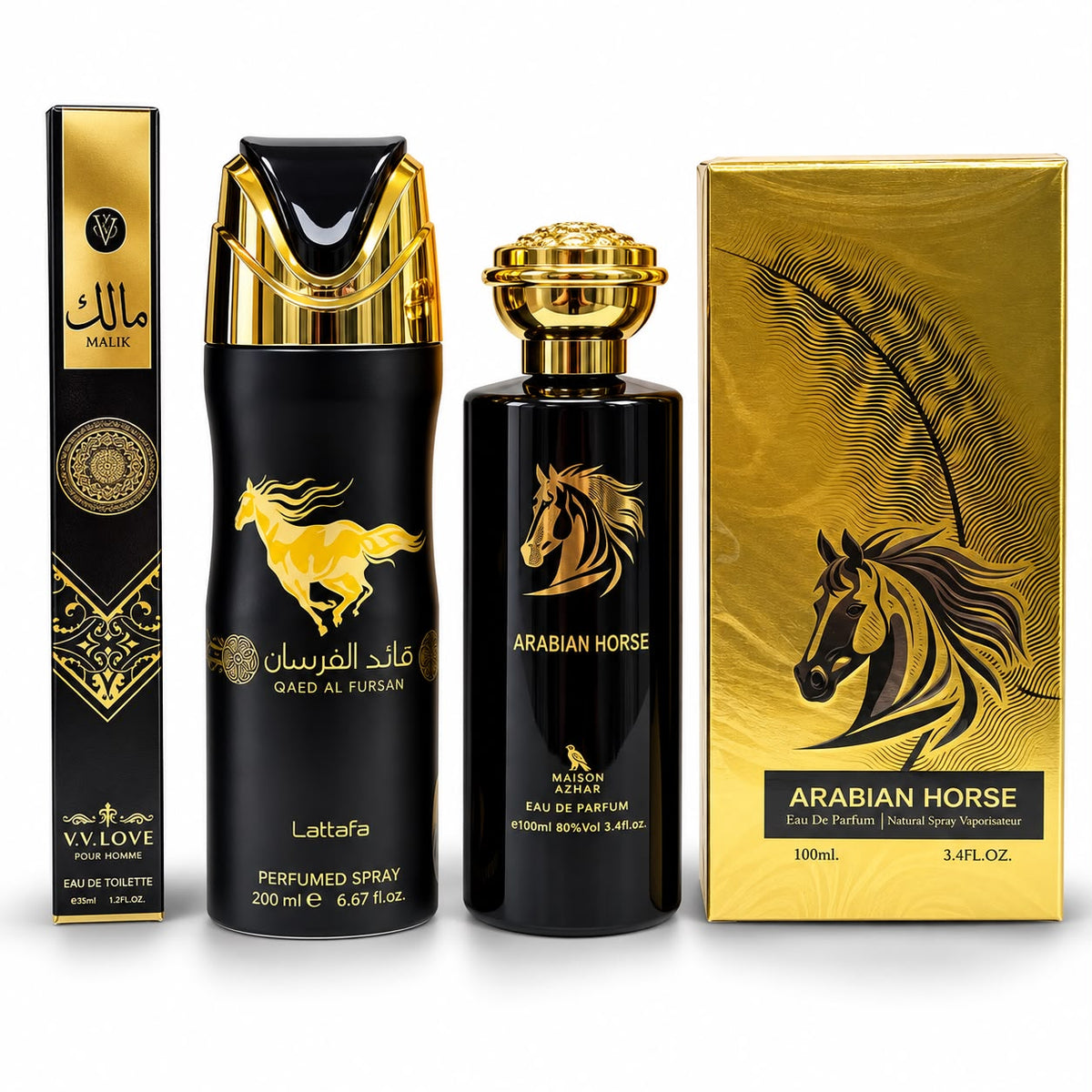Set Árabe Masculino Arabian Horse & Qaed Al Fursan (Perfume + Spray Corporal + Spray De Bolsillo)