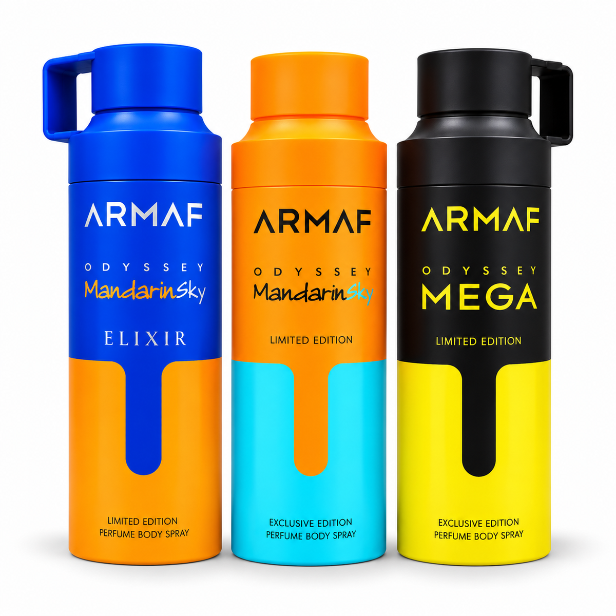 Pack de 3 Body Spray ARMAF Odyssey de 200 ml, con tres aromas diferentes para complementar tu colección.