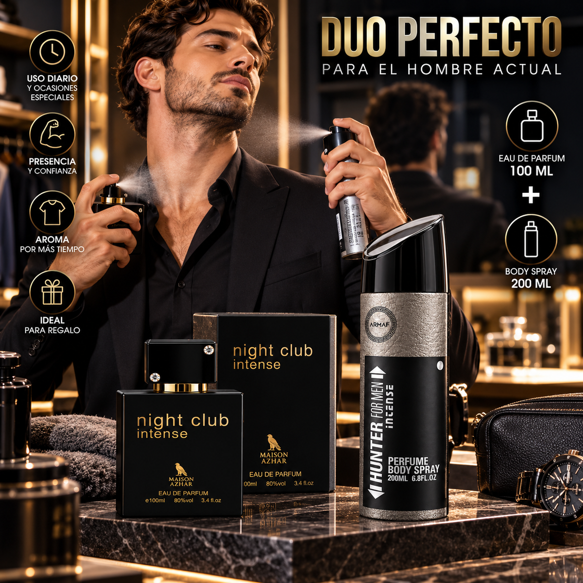 Duo Perfume Night Club Intense 100ml + Body Spray Hunter Intense 200ml