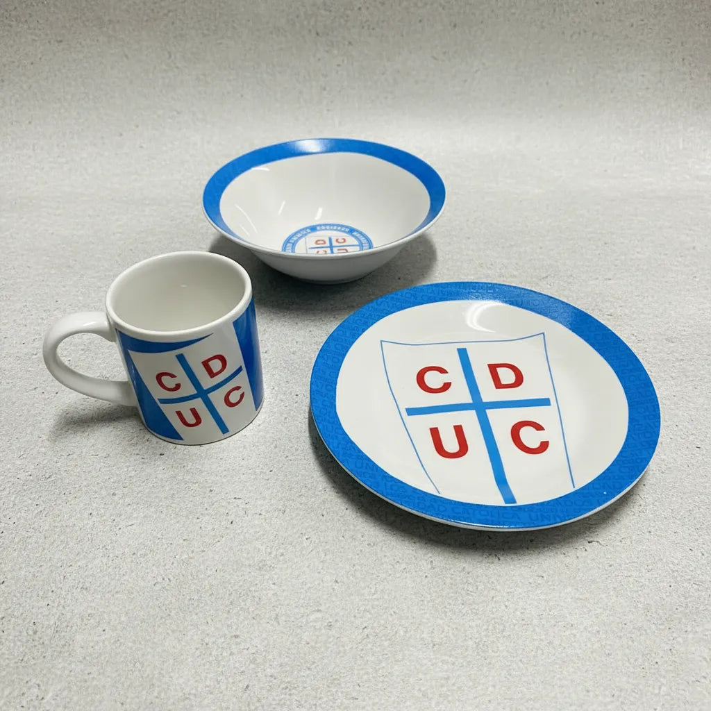 Set Desayuno U Catolica 3 Pz Taza Con 2 Platos - Celeste