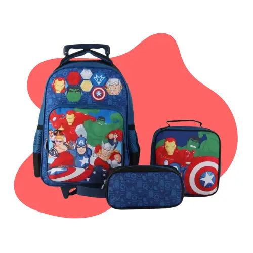Mochila Escolar Avengers Con Ruedas Lonchera Estuche Color Azul