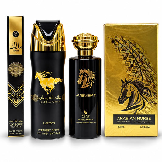 Set Árabe Masculino Arabian Horse & Qaed Al Fursan (Perfume + Spray Corporal + Spray De Bolsillo)