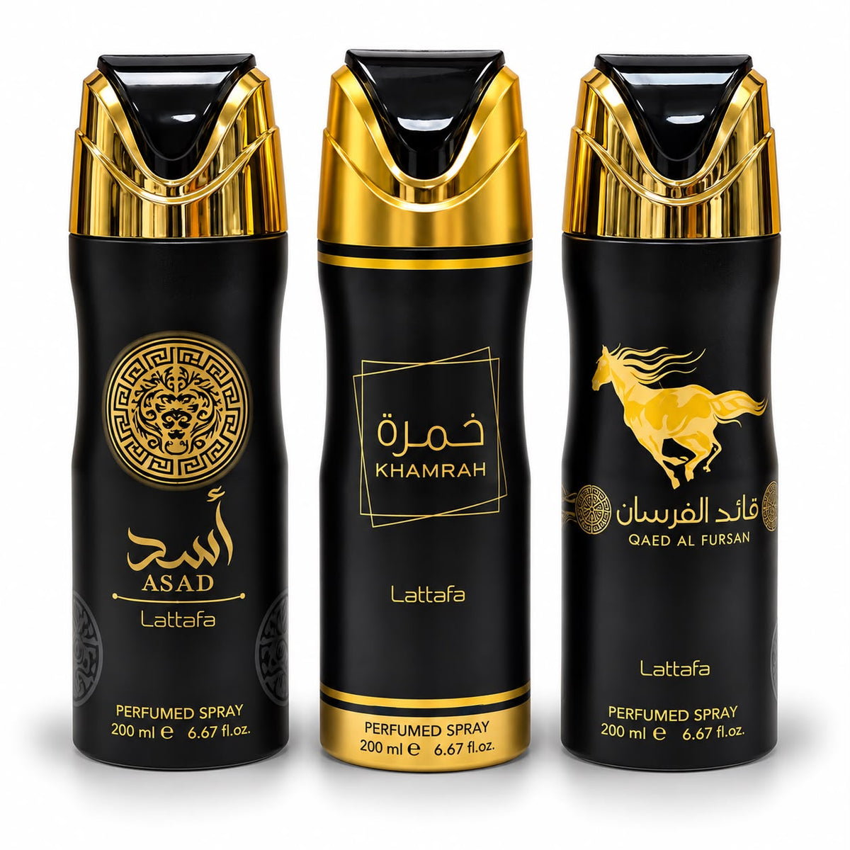 Set Trío de Sprays Corporales Lattafa Más Vendidos – Asad + Khamrah + Qaed Al Fursan (200ml c/u)