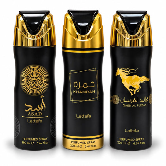 Set Trío de Sprays Corporales Lattafa Más Vendidos – Asad + Khamrah + Qaed Al Fursan (200ml c/u)