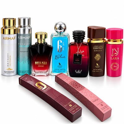 PACK X5 Perfumes +2 Perfumes en Spray +2 Perfume de Cartera para El y Ella