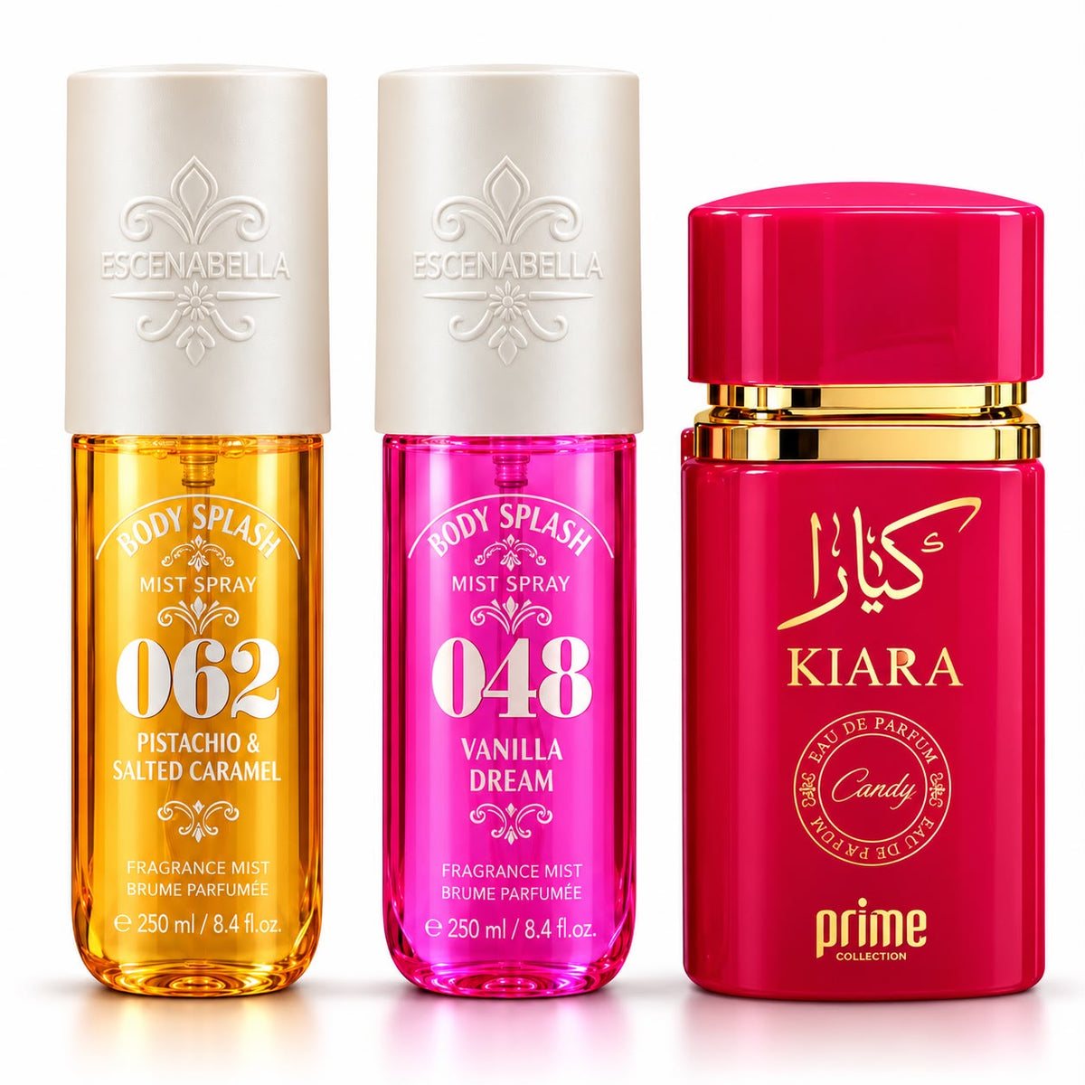 Pack x3 Dulce Adicción: Perfume Kiara Candy 100ml + 2 Candeella 250ml