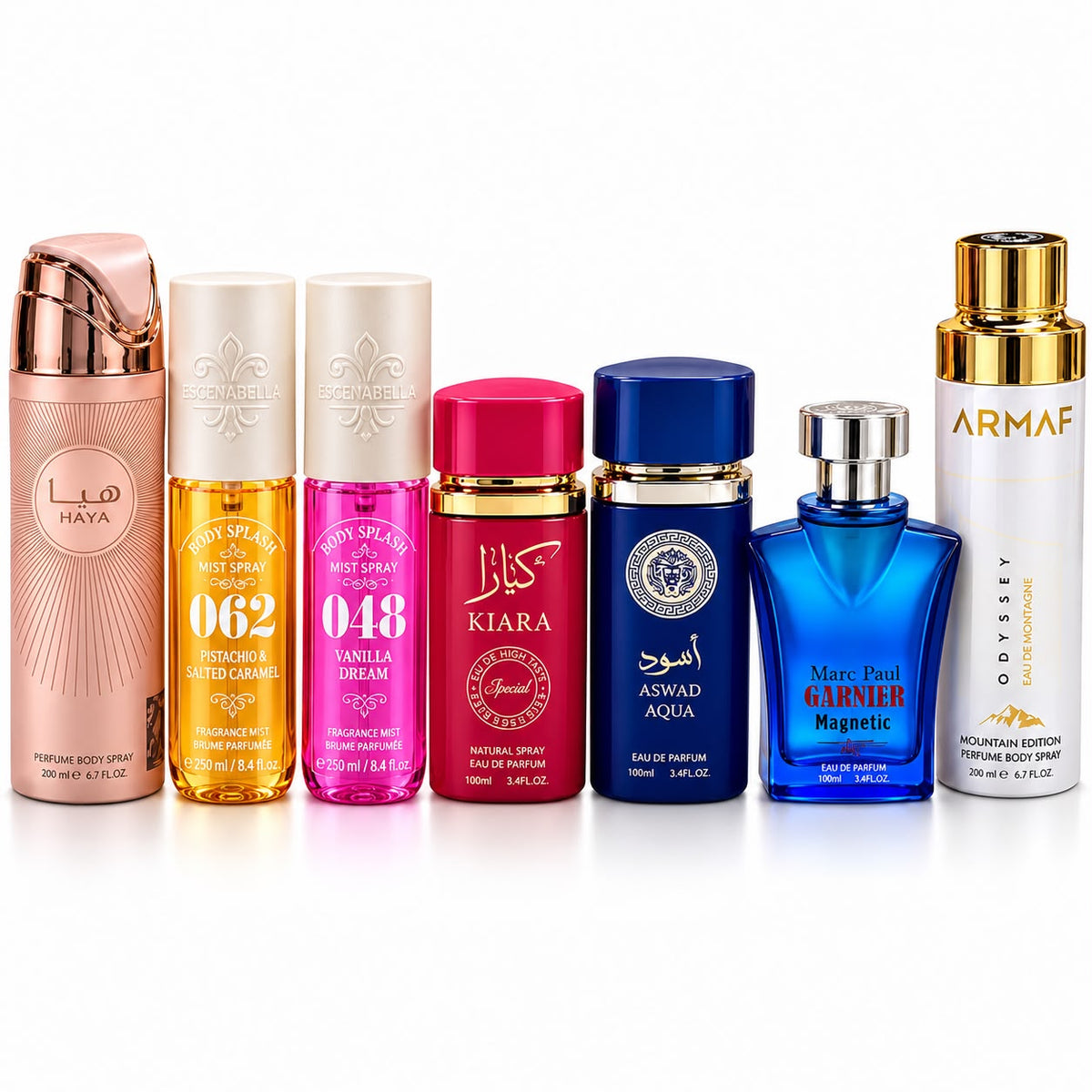 PACK X7 Perfumes Hombre Y Mujer: 5 Perfumes EDP/Splash + 2 Body Sprays