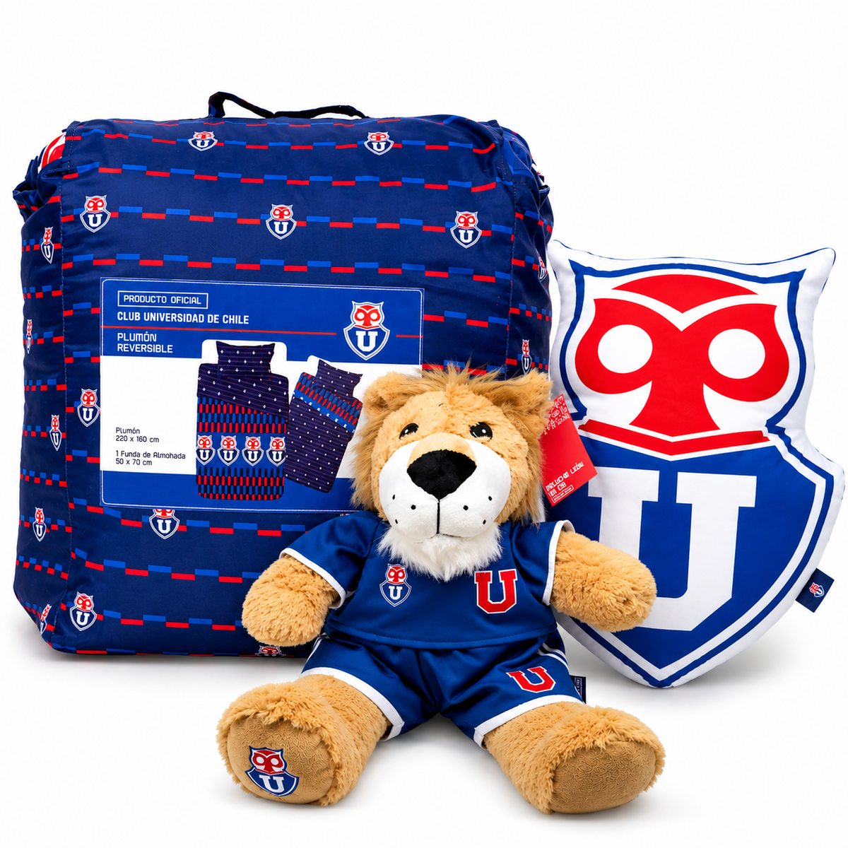 Pack Universidad de Chile – Plumón 1,5 Plaza + León 26 cm + Cojín 30 cm