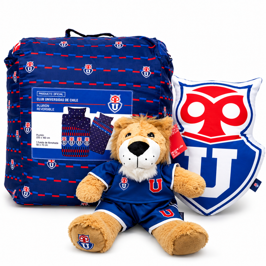 Pack Universidad de Chile – Plumón 1,5 Plaza + León 26 cm + Cojín 30 cm