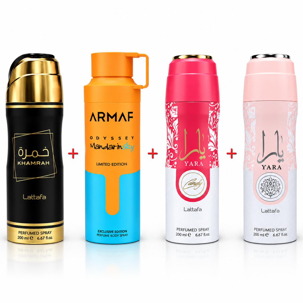 Pack Promoción Perfumes Árabes en Spray 200 ml | Khamrah + Mandarin Sky + Yara Candy + Yara