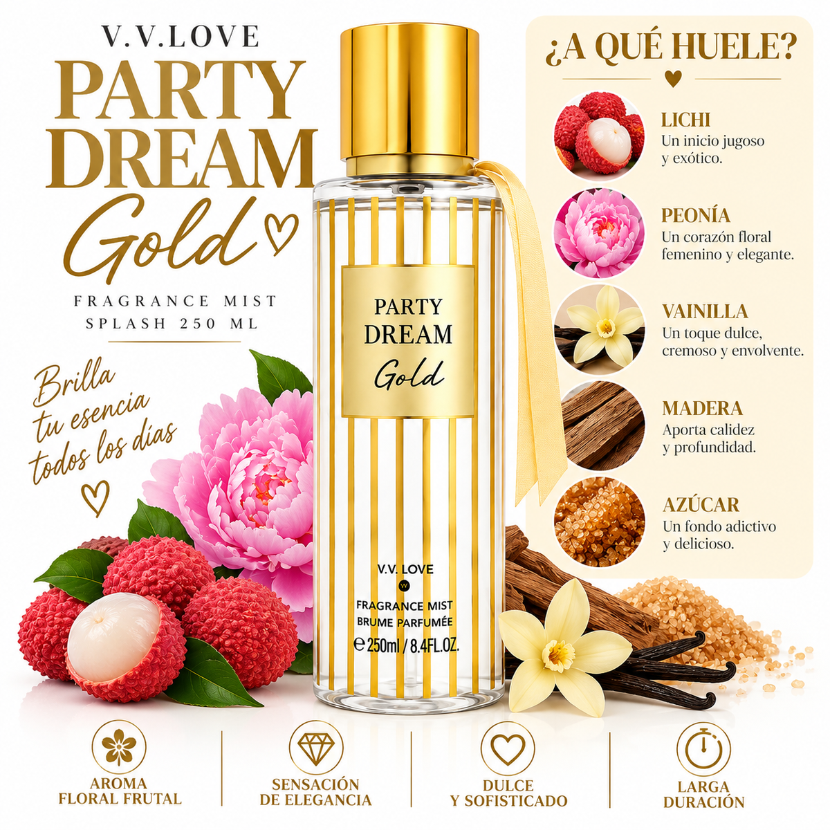 SPLASH PARTY DREAM GOLD V.V. LOVE 250 ML – AROMA DULCE Y ELEGANTE