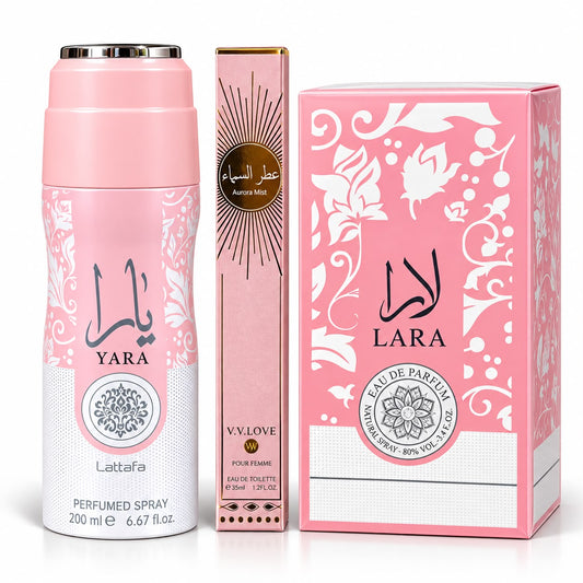 PROMOCIÓN LARA PINK MUJER 3 PIEZAS | PERFUME + AEROSOL + PERFUME DE CARTERA