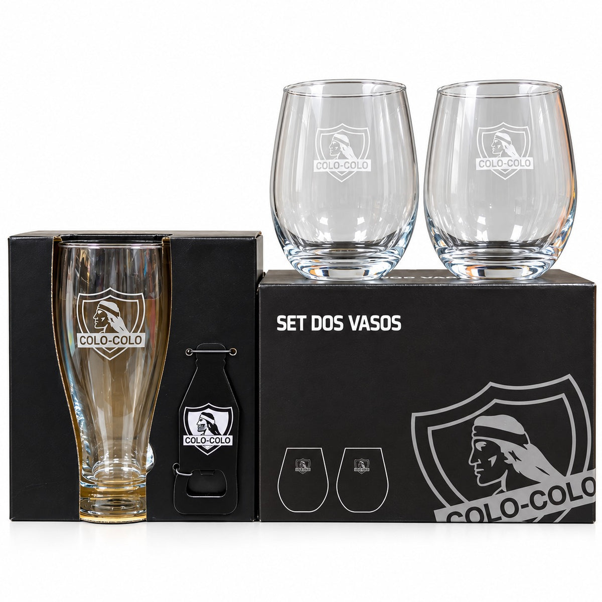 Pack Colo Colo – Set 2 Vasos + Chopero con Destapador