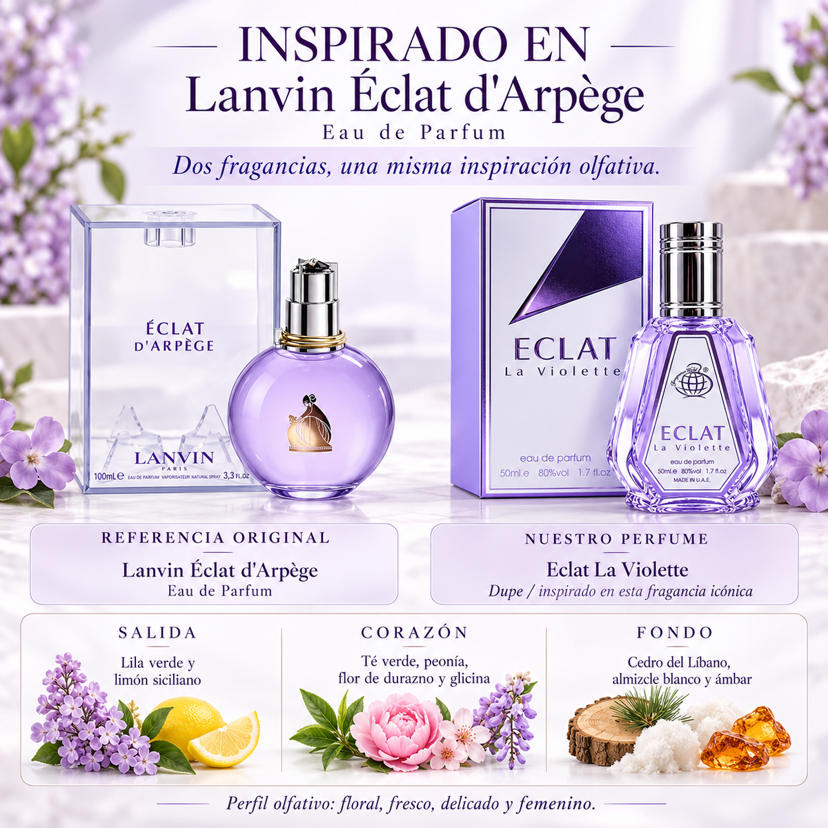 Perfume Árabe Eclat La Violette 50 ml – Inspirado en Lanvin Éclat d’Arpège